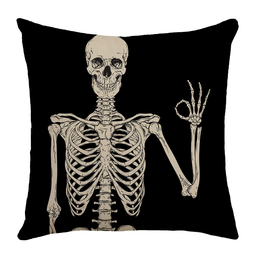 4-Pack Halloween Skeleton Pillow Covers with Inserts, 18×18 Inch Black Background Skeleton Hand Gesture Decorative Cushions for Sofa, Couch, Living Room & Bedroom