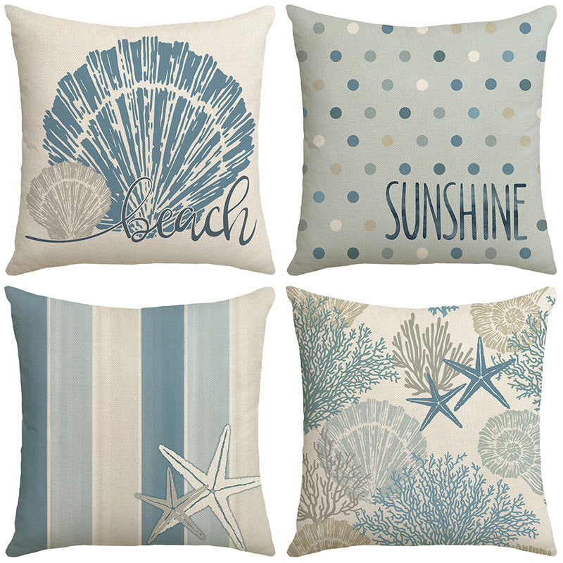 4-Piece Coastal Style Throw Pillow & Pillowcase Set – Seashell, Starfish, Coral & Stripe Design