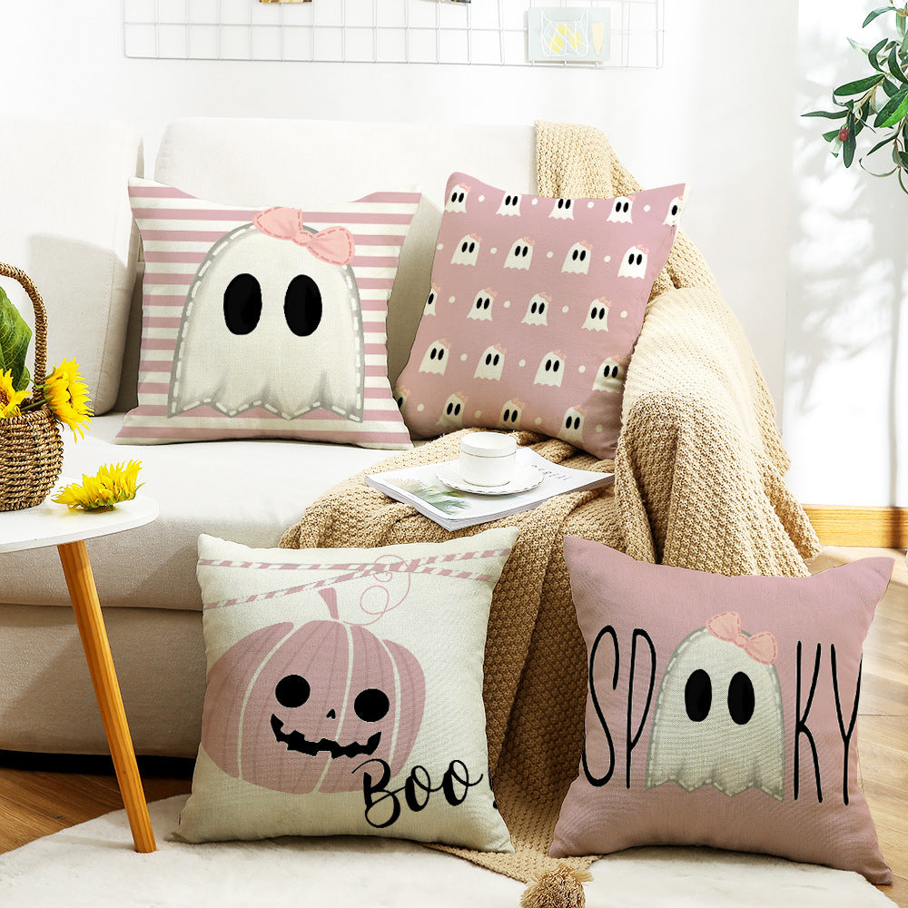 4-Pack Pink Halloween Pillow Covers with Inserts, 18×18 Inch Cute Ghost & Pumpkin Decorative Cushions for Sofa, Couch, Living Room & Bedroom