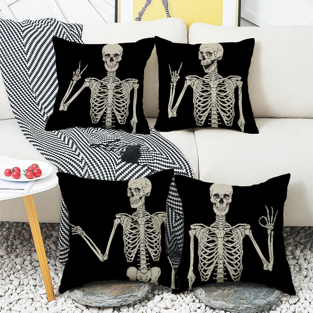 4-Pack Halloween Skeleton Pillow Covers with Inserts, 18×18 Inch Black Background Skeleton Hand Gesture Decorative Cushions for Sofa, Couch, Living Room & Bedroom