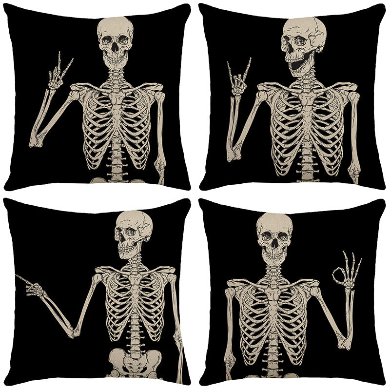 4-Pack Halloween Skeleton Pillow Covers with Inserts, 18×18 Inch Black Background Skeleton Hand Gesture Decorative Cushions for Sofa, Couch, Living Room & Bedroom