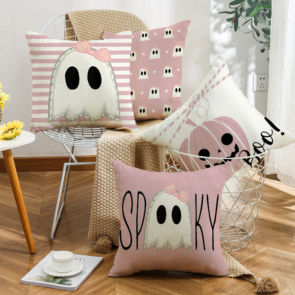 4-Pack Pink Halloween Pillow Covers with Inserts, 18×18 Inch Cute Ghost & Pumpkin Decorative Cushions for Sofa, Couch, Living Room & Bedroom