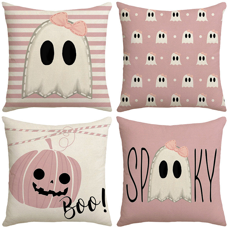 4-Pack Pink Halloween Pillow Covers with Inserts, 18×18 Inch Cute Ghost & Pumpkin Decorative Cushions for Sofa, Couch, Living Room & Bedroom