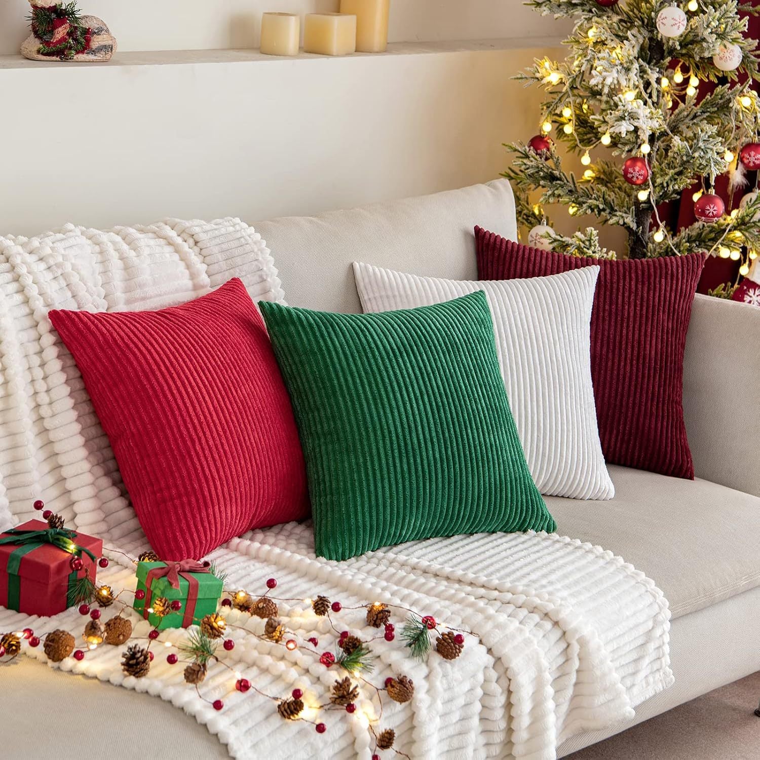 Christmas Decorative Throw Pillow Set of 4 – Red, Green & White Cushion Covers with Inserts for Sofa, Living Room & Holiday Decor
