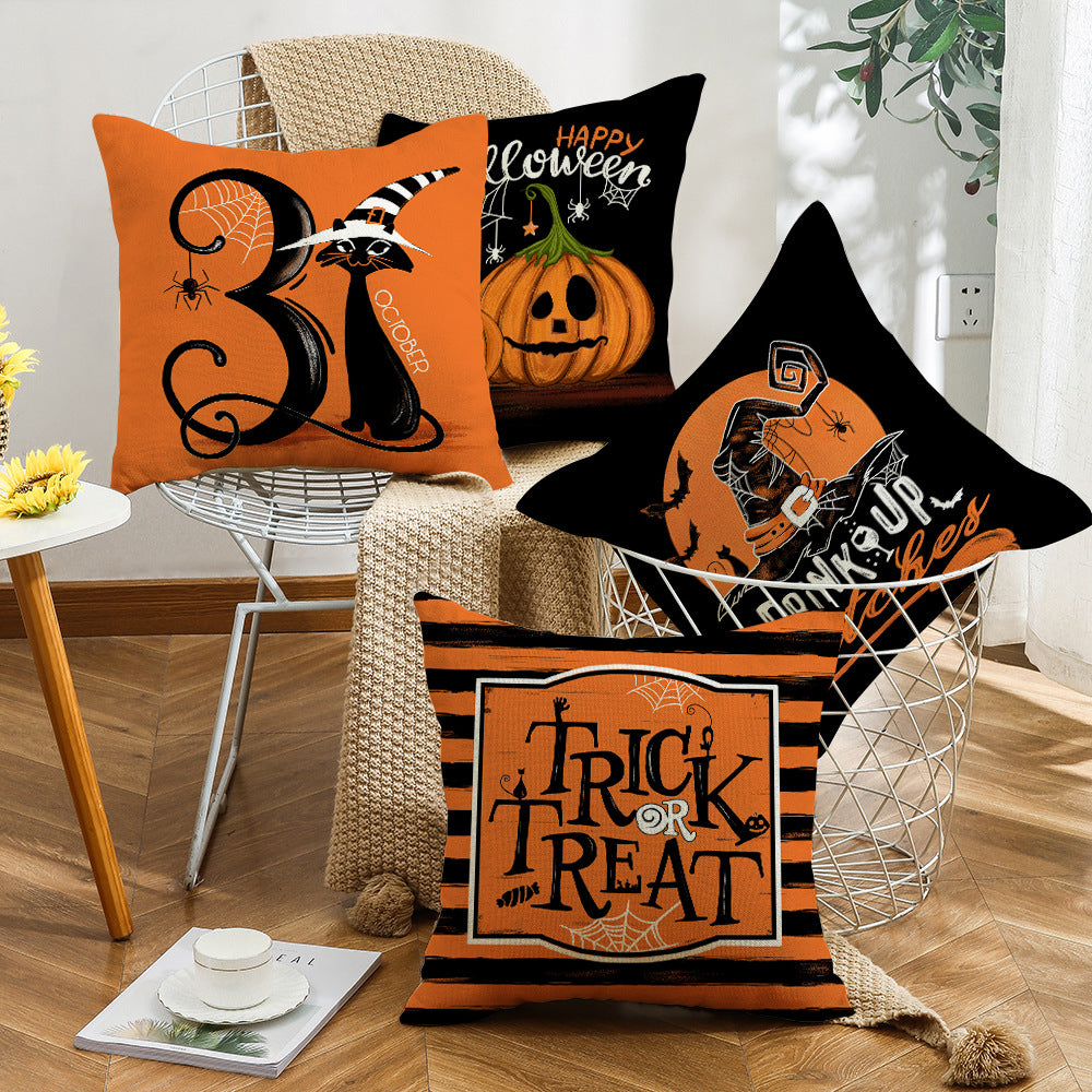 4-Pack Halloween Pillow Covers with Inserts, 18×18 Inch Pumpkin, Witch Hat, Trick or Treat Decorative Cushions for Sofa, Couch, Living Room & Bedroom