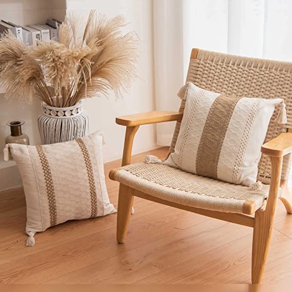 Nordic Minimalist Beige & Linen Patchwork Tassel Pillow Set of 4 – Decorative Throw Cushions with Pillow Covers for Sofa, Bedroom & Living Room
