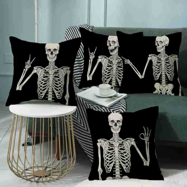 4-Pack Halloween Skeleton Pillow Covers with Inserts, 18×18 Inch Black Background Skeleton Hand Gesture Decorative Cushions for Sofa, Couch, Living Room & Bedroom