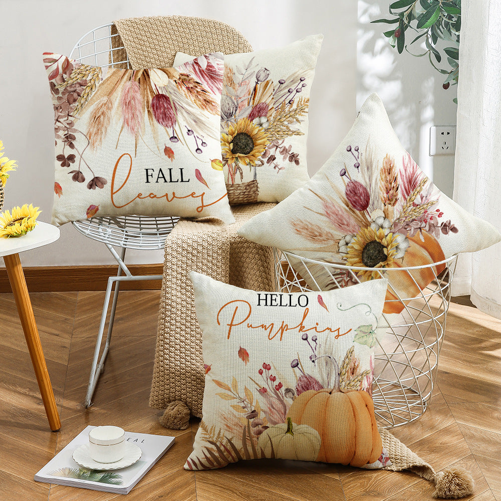 Autumn Pumpkin Floral Throw Pillow + Pillow Cover 4-Piece Set, Cotton Linen Fabric, Decorative Cushions for Sofa, Living Room, Bedroom, Holiday Home Décor