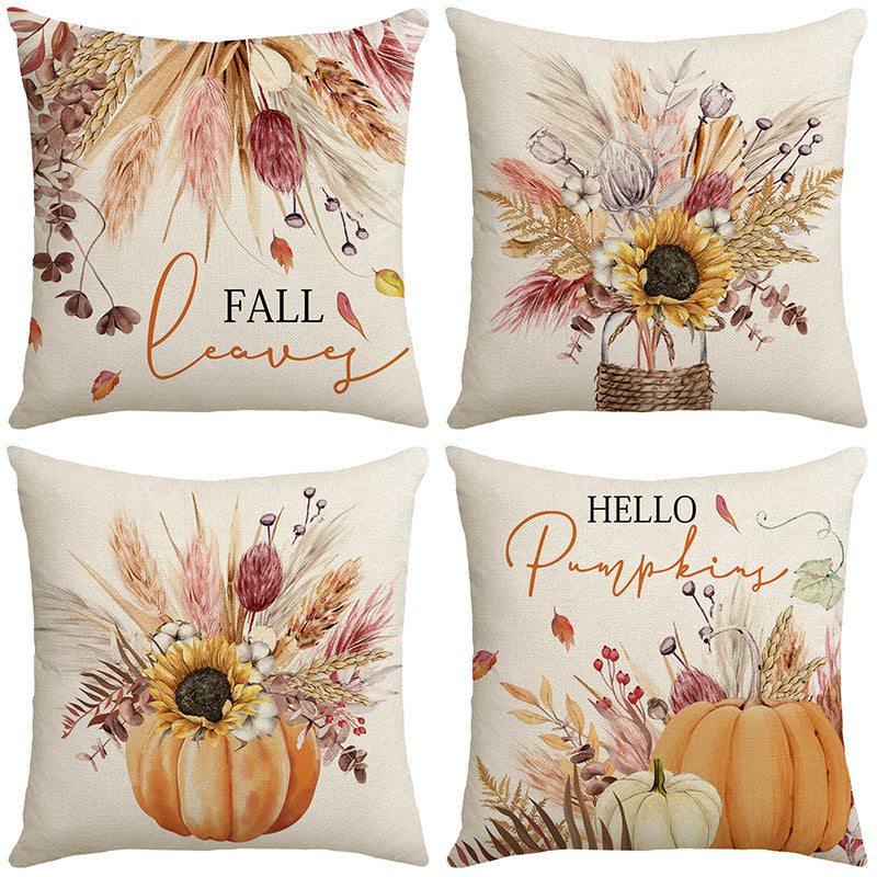 Autumn Pumpkin Floral Throw Pillow + Pillow Cover 4-Piece Set, Cotton Linen Fabric, Decorative Cushions for Sofa, Living Room, Bedroom, Holiday Home Décor