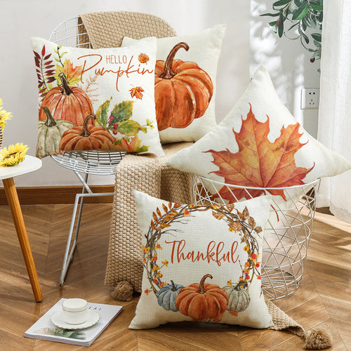 4-Pack Autumn Thanksgiving Pillow Covers with Inserts, 18×18 Inch Pumpkin & Maple Leaf Decorative Cushions for Sofa, Couch, Living Room & Bedroom