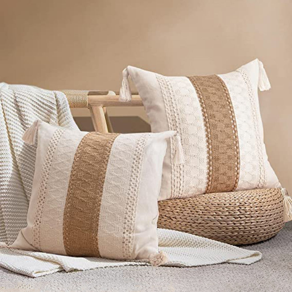 Nordic Minimalist Beige & Linen Patchwork Tassel Pillow Set of 4 – Decorative Throw Cushions with Pillow Covers for Sofa, Bedroom & Living Room