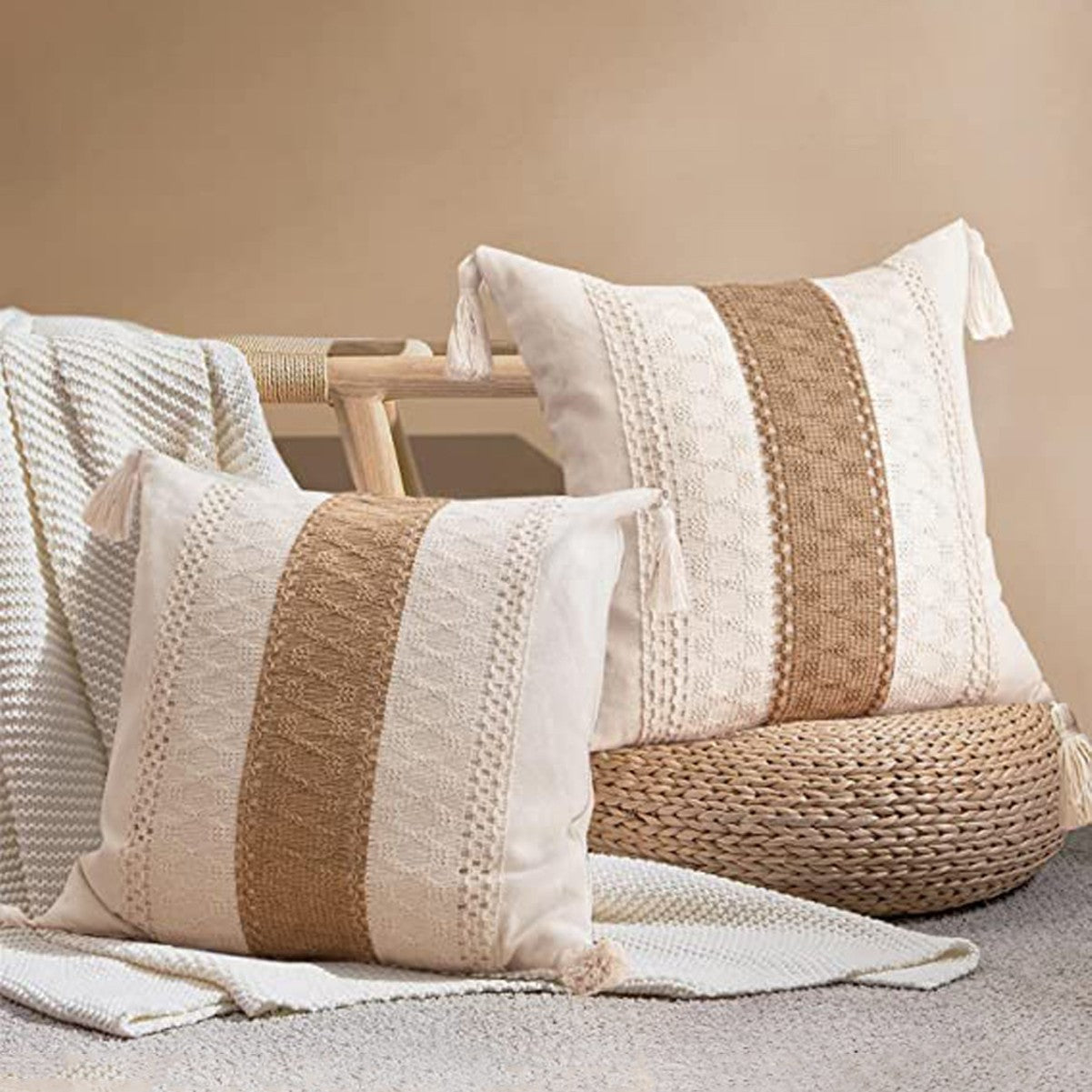 Nordic Minimalist Beige & Linen Patchwork Tassel Pillow Set of 4 – Decorative Throw Cushions with Pillow Covers for Sofa, Bedroom & Living Room