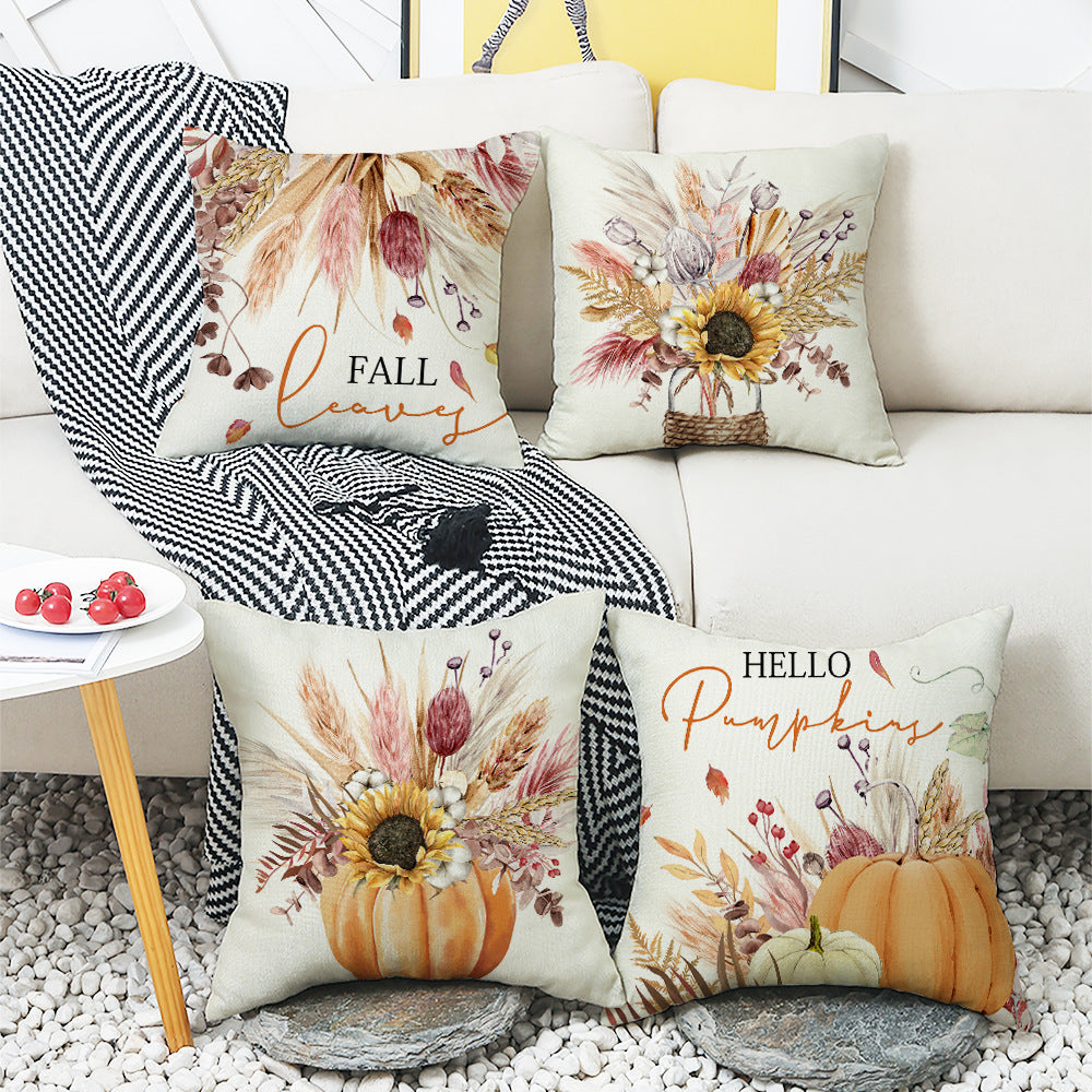 Autumn Pumpkin Floral Throw Pillow + Pillow Cover 4-Piece Set, Cotton Linen Fabric, Decorative Cushions for Sofa, Living Room, Bedroom, Holiday Home Décor