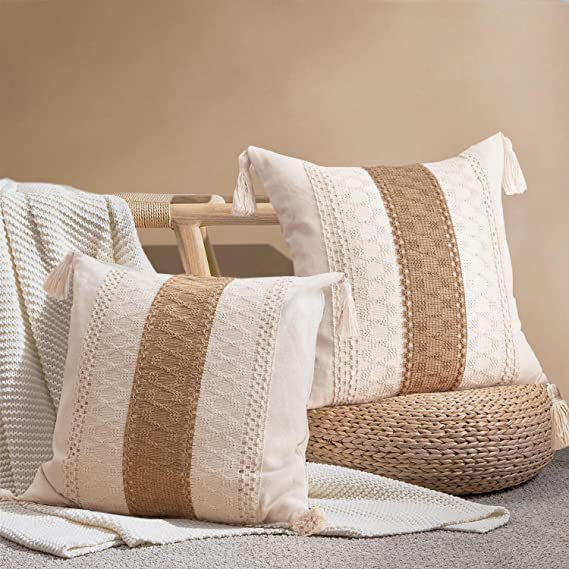 Nordic Minimalist Beige & Linen Patchwork Tassel Pillow Set of 4 – Decorative Throw Cushions with Pillow Covers for Sofa, Bedroom & Living Room