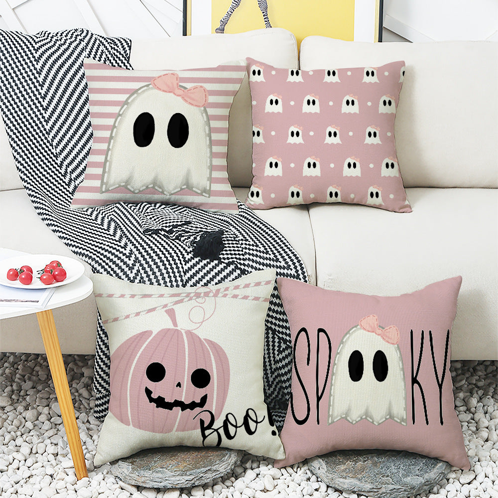 4-Pack Pink Halloween Pillow Covers with Inserts, 18×18 Inch Cute Ghost & Pumpkin Decorative Cushions for Sofa, Couch, Living Room & Bedroom