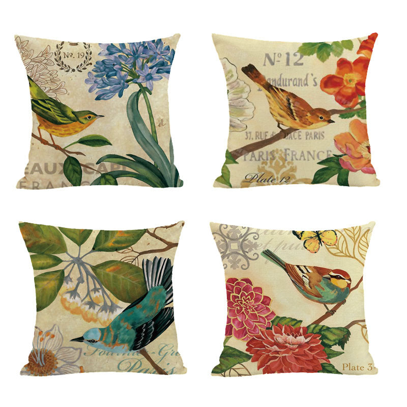 Vintage Bird & Floral Printed Cushion + Pillow Covers Set of 4 Sofa Decorative Throw Pillows