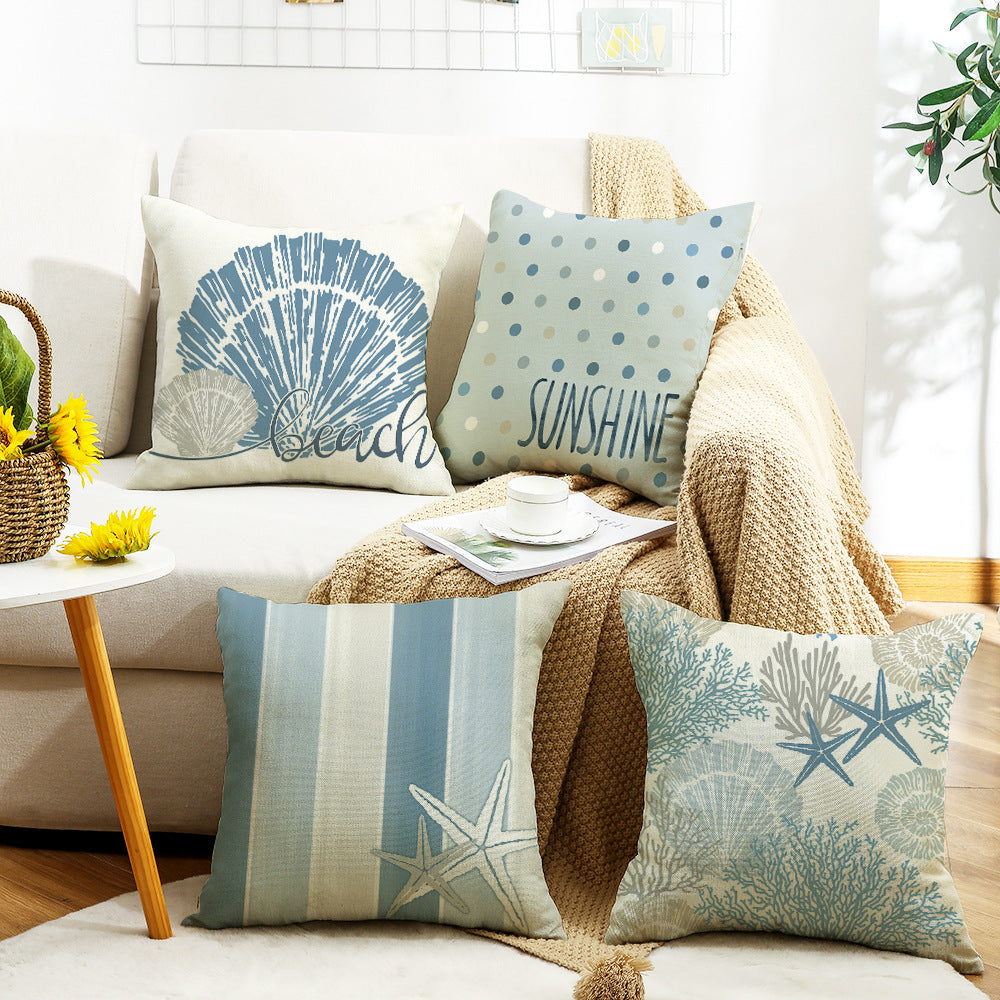 4-Piece Coastal Style Throw Pillow & Pillowcase Set – Seashell, Starfish, Coral & Stripe Design