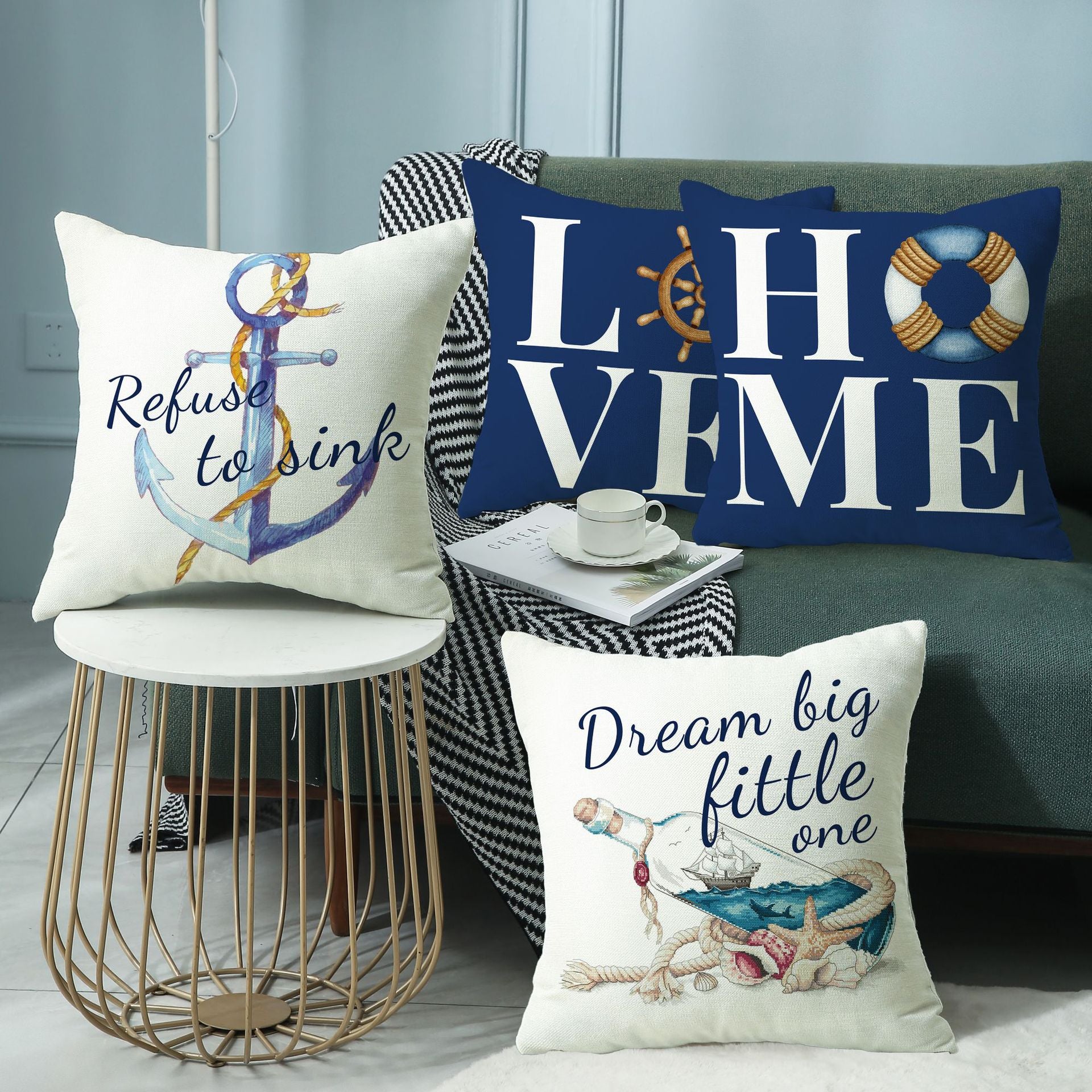 4-Pack Nautical Pillow Covers with Inserts, 18×18 Inch Anchor, Helm, Lifebuoy & Sailboat Decorative Cushions for Sofa, Couch, Living Room & Coastal Home Decor